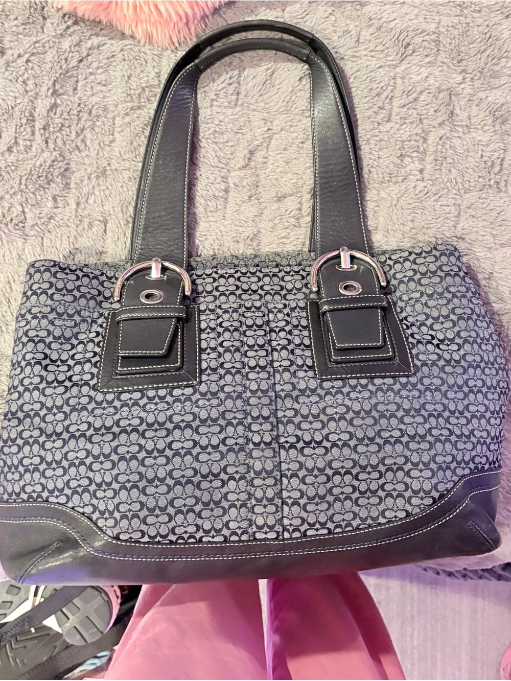 Coach Navy Monogram Shoulder Tote with Black Trim